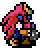 Pixel art character with pink hair, red face, blue shirt, brown pants, and gray shoes holding a large gray object against light gray background.