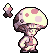 Pixel art character with large mushroom cap, pink and white color scheme, holding a small glowing object against gray background.
