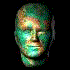25 views of a stylized head with teal and brown tones, showing rotation from front to side angles against a black background