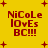 Yellow background with red pixelated text and plus signs, showing four identical of 'NiCoLe IOvEs BC!!!' in a
