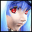 Pixelated anime-style character with blue hair and red eyes, side profile against light blue background, next to black with white text
