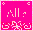 A static pixel art icon with a bright pink background, featuring the name 'Allie' in light pink text and stylized decorative elements at top corners.