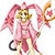 Pixelated character with pink hair, golden crown, and pink robe holding a golden staff with red accents.