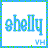 Four identical display blue text 'shelly' with green pixel artifacts and small 'vh' below, set against white backgrounds within a blue-green border