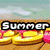 Animated sequence showing beach scene with flip-flops, sunset over water, and sand drawing of heart with '<3' text.