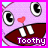 Pixelated cartoon character with large eyes, pink nose, and wide mouth showing two teeth; text "Toothy" appears below the face.