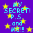 Pixelated blue text on purple background with yellow stars, repeating 'MY SECRET! P.S. and ME!!!' in a pattern