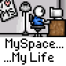 A 5x5 contact sheet of animated frames showing a pixel art character in blue shirt and white helmet interacting with a computer at a desk, surrounded by skulls and lamps on gray background.