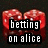 Pixelated red lips forming a heart shape with black text reading 'betting on alice' in two lines.