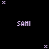 Pixelated text 'SAMI' appears in multiple positions on a black background with scattered white X marks, some instances of the text are blue or purple.