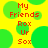 Yellow background with green circles and red text reading "My Friends Rox Ur Sox" in pixelated font.