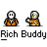 Animated contact sheet of pixel art icons featuring a cartoon character in orange prison jumpsuit with white face, showing multiple speech bubbles and poses across 14 frames.
