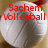 A white volleyball with visible seams and red text overlays in four distinct positions on a light brown background.