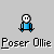Pixel art character with white skull face and blue shirt in two poses, text below reads 'Poser Ollie' on gray background.