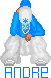 Pixelated character in blue hoodie and white pants crouching with hands clasped, text 'ANDRE' below on gray background.