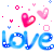 Pixelated blue 'love' text with pink hearts and small shapes on gray background; static image.