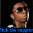 Pixelated image of a cartoon character with brown skin, large black eyes, and white teeth holding a silver microphone against a black background.