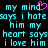 Pixelated cyan text on black background with a pink heart symbol replacing the 'i' in 'mind', repeating across multiple