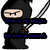 Pixelated character in black ninja attire holding a sword, with blue text banners across the chest and waist.