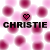 Pixelated pink and white background with scattered circular shapes, black text reading 'CHRISTIE', and a heart symbol above the name.
