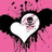 A static pixelated icon features a white heart shape with black wing-like extensions on both sides, set against a pink background with scattered dark purple and black pixels.