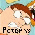 A 2x2 contact sheet of four animated frames from a Family Guy cartoon featuring Peter Griffin and the chicken, with visible text overlays changing across frames.