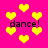 A bright pink background filled with yellow pixelated hearts and four instances of the text 'dance!' in black, all elements static.