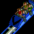 Pixelated blue rollercoaster with four riders in green shirts and red accents, moving left to right against black background.