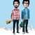 Two pixelated figures stand side-by-side against a light blue background with white cloud shapes; one holds a yellow guitar, the other a green bag.