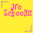 Yellow background with pink 'No School!!!' text and purple/blue star icons in four corners, each corner alternating between two star colors.