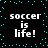 Black background with cyan pixel dots forming a border, displaying four identical 'soccer is life!' text blocks in white pixelated font arranged in two of two