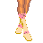 Pixel art contact sheet showing multiple frames of an animated buddy icon featuring a cartoon woman in swimwear and candy shop text elements.