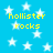 Blue background with white stars and yellow text reading "hollister rocks" in four locations.