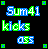 Pixelated static icon with blue and green text on black background, four small square corner markers in green-blue gradient.