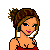 Pixel art contact sheet showing a female character in red crop top and black pants with pink stripes across multiple frames, plus text reading MY A!!