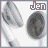 identical grayscale images showing a person's face in profile with the name 'Jen' above, each frame displaying subtle color variations on the text