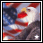 A pixelated eagle with red beak and yellow eyes perched on a branch, set against a blurred American flag background with visible stars and stripes.