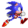 Pixel art of a blue anthropomorphic hedgehog in various running and walking poses with red shoes, white gloves, and pink inner ears against gray background.