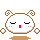 Pixelated cartoon character with closed eyes, brown ears, and pink cheeks appears in three variations showing different mouth shapes and floating bubble positions.