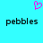 A cyan background displays a pink pixelated heart symbol above two identical black text strings reading "pebbles" in lowercase.