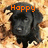 Animated icon shows a black dog with floppy ears against a pixelated brown background, text changes from 'Happy' to 'Halloween!!'