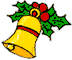 Four yellow bells with red bands and green holly leaves, each bell tilted at different angles against a white background.