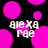 Pixelated pink circles float on black background with white text 'ALEXA' above 'Rage' in two identical side-by-side arrangements.