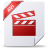 Red clapperboard icon on white document with folded corner and red ribbon, static pixel art style.