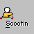 Pixel art animation of a yellow figure with white head performing actions above 'Scootin' text, including hand gestures and vehicle interactions.
