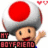 Pixelated character with red-and-white mushroom cap waves against white background, text overlays read "MY BOYFRIEND" and "he's hott!" on solid red field.