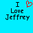 A pixelated image with a bright cyan background displays 'I Love Jeffrey' text in black, where the heart symbol is red and animated.