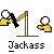 Pixel art animation of a yellow figure with white head performing actions around a brown pole, text "Jackass" below.
