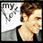 Pixelated image of a person with brown hair and light skin wearing dark clothing, next to stylized text reading 'my' on white background.