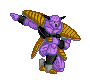Pixel art character with purple skin, black horns, and golden armor in three distinct poses against a gray background.